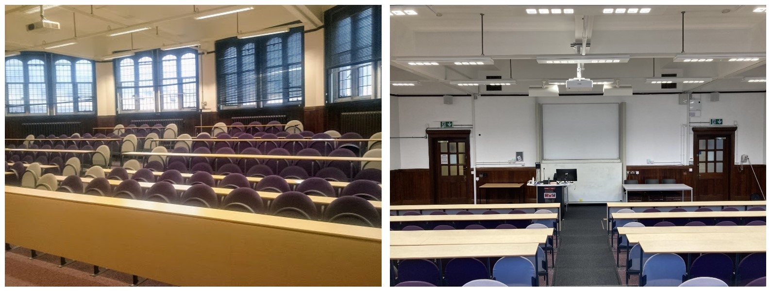 Tiered seats in rows facing the teaching wall.